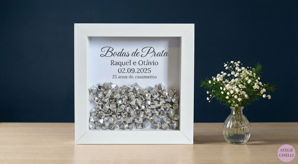 Quadro personalizado de bodas de prata do Ateliê Giselli, 25 anos de casamento. Ideia para presente de aniversário de casamento. 