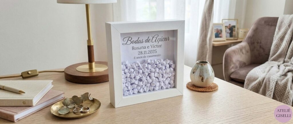Quadro personalizado de Bodas de Açúcar do Ateliê Giselli, com moldura branca, texturizado com estrelinhas brancas e vermelhas, personalização com nomes e data, sobre mesa de madeira com decoração de mesa de cabeceira com abajur, livros, anéis e vasos de flores.