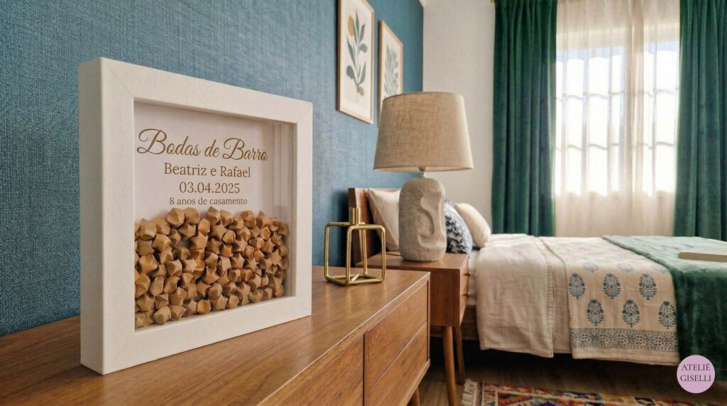 Quadro decorativo de Bodas de Barro do Ateliê Giselli, em moldura branca de caixa alta. O interior apresenta texto personalizado para 'Beatriz e Rafael' com a data '03.04.2025' e '8 anos de casamento'. A parte inferior é preenchida com pequenas estrelas de origami feitas de papel pardo, simbolizando o barro. O quadro está apoiado em um aparador de madeira em um quarto com parede azul texturizada.