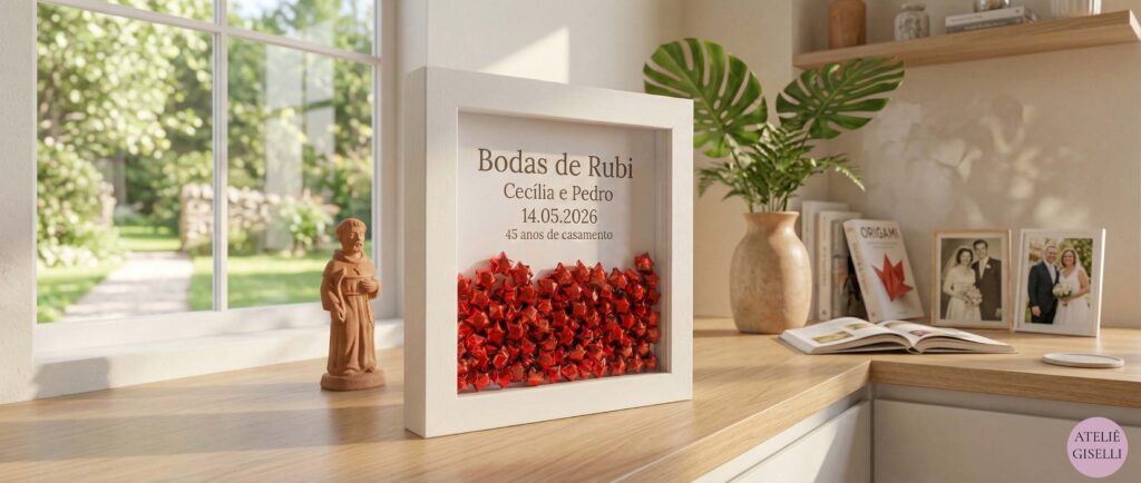 Esta imagem panorâmica apresenta uma caixa de memórias personalizada para as "Bodas de Rubi" (45 anos de casamento) de Cecília e Pedro. O quadro de madeira branca, em destaque sobre uma bancada de madeira clara, está repleto de pequenas estrelas de origami vermelhas e brilhantes.

O texto no quadro diz:
Bodas de Rubi
Cecília e Pedro
14.05.2026
45 anos de casamento

A caixa está em um ambiente doméstico acolhedor, ao lado de uma janela com vista para um jardim verdejante. Próximo ao quadro, há uma estátua de São Francisco de Assis, um vaso com uma planta Monstera, livros e dois porta-retratos com fotos de casais. No canto inferior direito, há um logotipo circular com o texto "ATELIÊ GISELLI".