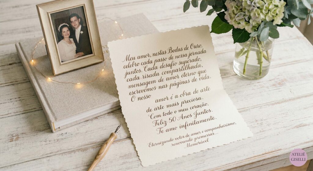 Cartão de papel artesanal com mensagem caligrafada para Bodas de Ouro sobre mesa de madeira com porta-retrato antigo.