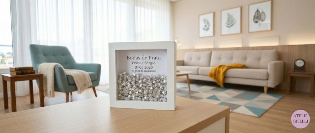Quadro personalizado de Bodas de Prata do Ateliê Giselli com moldura branca, texturizado com corações prateados, personalização com nomes Érica e Sérgio e data 07.03.2026, sobre mesa de madeira com decoração de mesa de cabeceira com abajur, livros, anéis e vasos de flores.