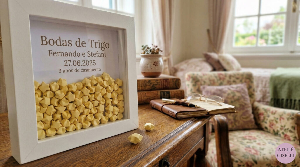 Quadro personalizado para Bodas de Trigo (3 anos de casamento) com nomes de Fernando e Stefani e data. Modelo de quadro de caixa com estrelas de origami amarelas claras, exposto em um ambiente de escritório aconchegante com livros e itens vintage.