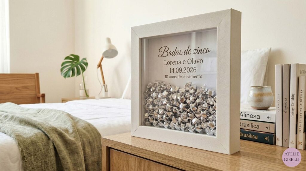 Fotografia de um quadro de lembranças para Bodas de Zinco em cima de um criado-mudo de madeira em um quarto. O quadro tem moldura branca e dentro, sobre fundo branco, está escrito 'Bodas de Zinco', os nomes 'Lorena e Olavo', a data '14.09.2026' e a frase '10 anos de casamento'. A parte inferior do quadro está preenchida com pequenas dobraduras de estrela em papel prata brilhante, representando o zinco. Ao fundo, vê-se parte de uma cama com lençóis brancos e uma manta verde, e uma prateleira com livros.