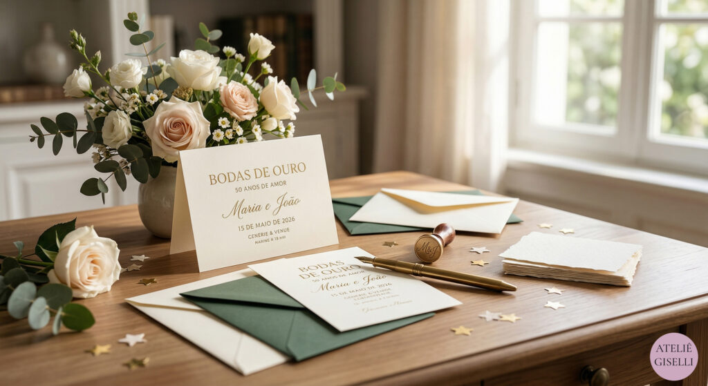 Uma mesa de madeira decorada com itens de papelaria fina para Bodas de Ouro. Em destaque, um convite em papel creme com caligrafia dourada que lê: 'BODAS DE OURO', '50 ANOS DE AMOR', 'Maria e João', '15 DE MAIO DE 2026'. Ao redor, há um envelope verde musgo aberto com outro convite, um selo de cera dourado com monograma 'M&J', uma caneta de metal dourada, e um vaso de cerâmica com um arranjo de rosas brancas, rosas chá e eucalipto. Pequenas estrelas douradas estão espalhadas sobre a mesa sob a luz natural vinda de uma janela.