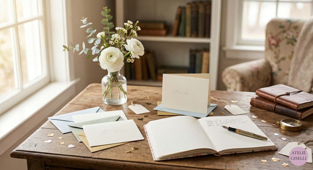 Fotografia de cima de uma mesa de madeira rústica perto de uma janela. Sobre a mesa, há um vaso com flores brancas e eucalipto, um caderno aberto com escrita cursiva e uma caneta tinteiro, várias cartas e envelopes em tons pastéis (creme, azul e verde-água), pequenas estrelas e corações dourados, e uma bússola de latão. No fundo, vê-se uma estante de livros e uma poltrona floral. O logo "ATELIÊ GISELLI" está no canto inferior direito.